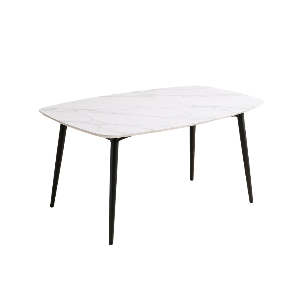 White dining table with black legs on a white background