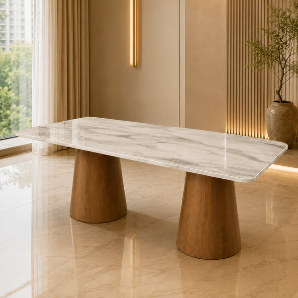 A modern rectangular dining table with a white marble-patterned top and two tapered wooden legs, shown in a warm, contemporary interior setting.
