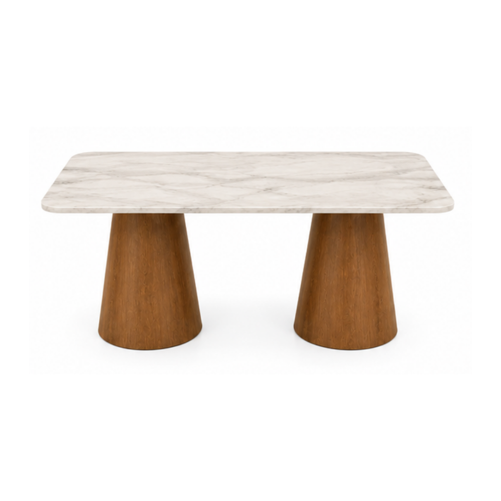 Table with marble top and wooden legs on a white background