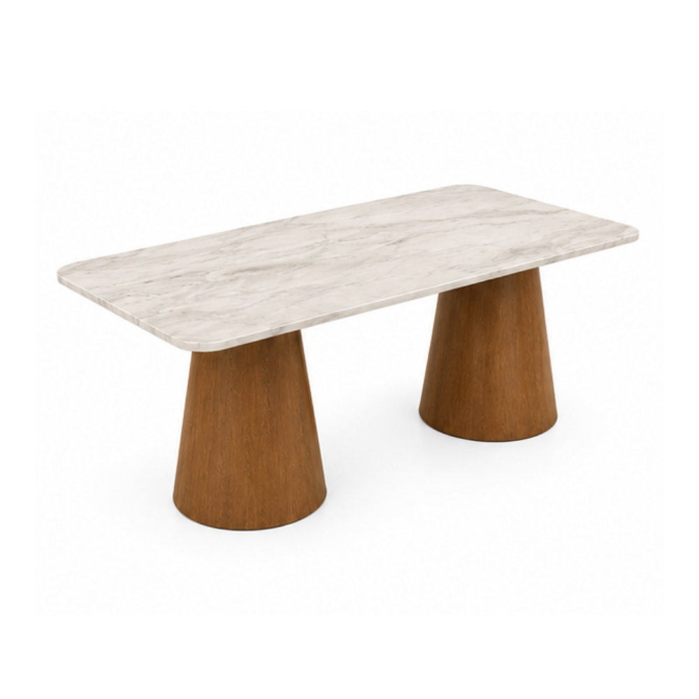 Table with marble top and wooden legs on a white background