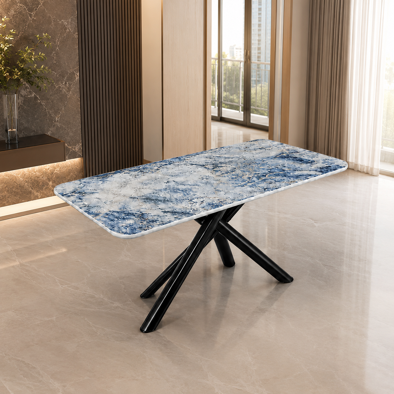 A rectangular dining table with a blue and white marbled stone-look top and black crossed metal legs, shown in a modern interior room with tiled floors and large windows.