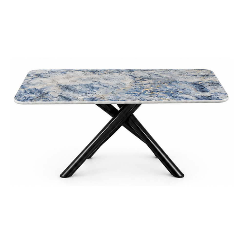 Table with blue and white marble top and black metal legs on a white background
