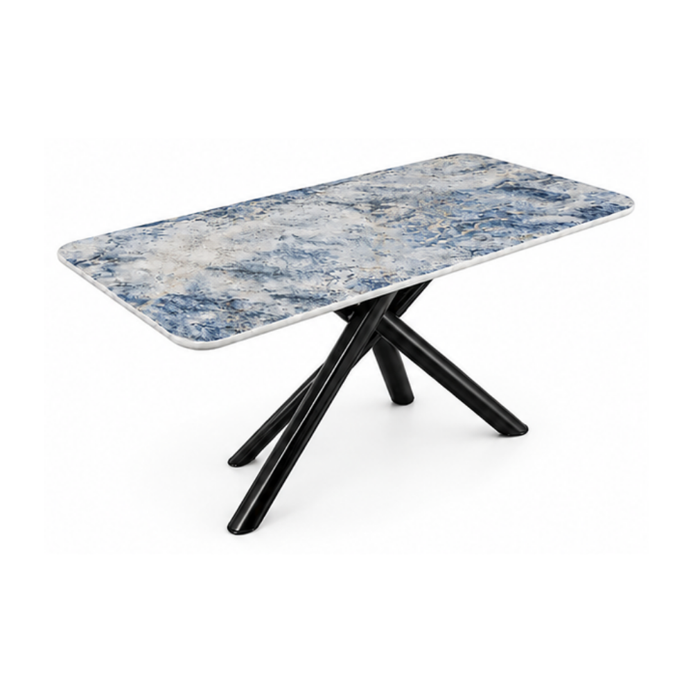 Marble-patterned table with black legs on a white background