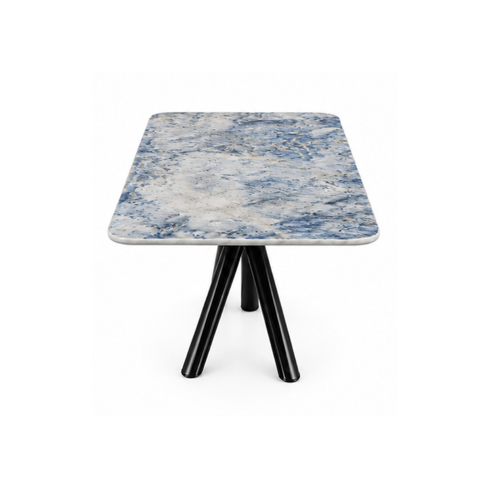 Square marble table with blue and white pattern on a white background