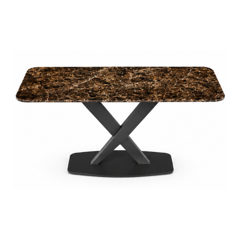 Coffee table with marble top and black metal base on a white background