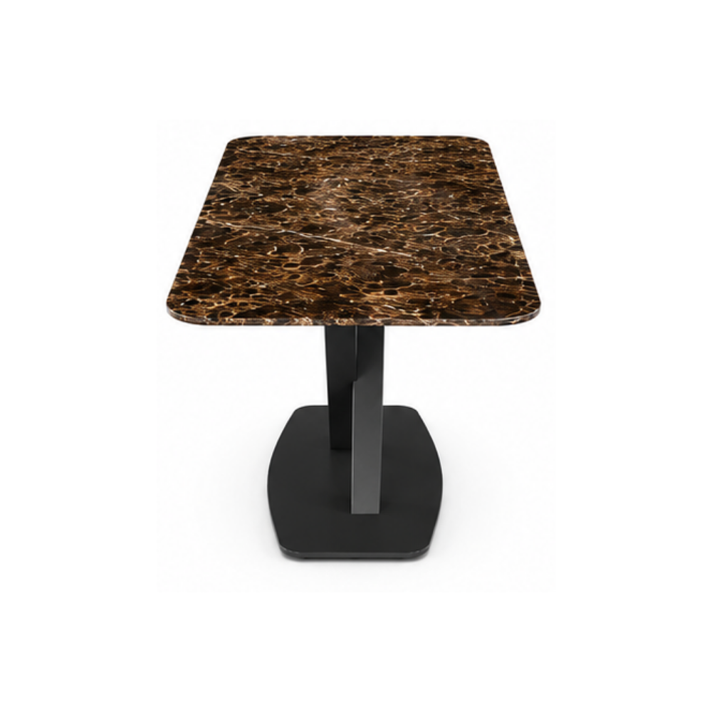 Square table with marble-like top and black base on a white background