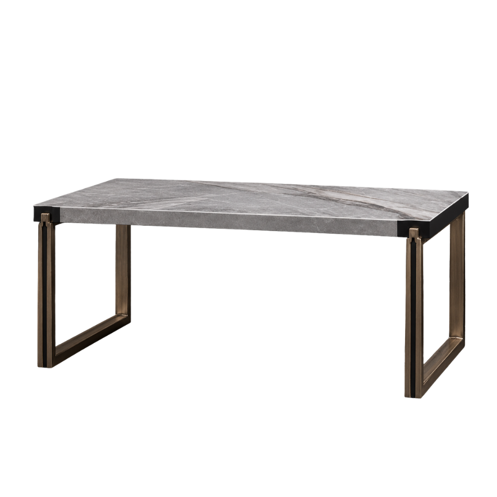 Rectangular marble table with bronze legs on a white background