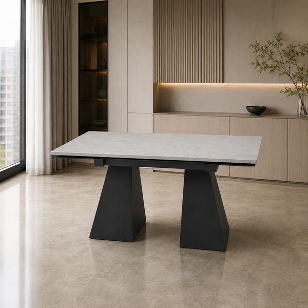 A modern rectangular dining table with a light gray stone-look top and a dark charcoal gray geometric pedestal base, set in a minimalist contemporary dining room.