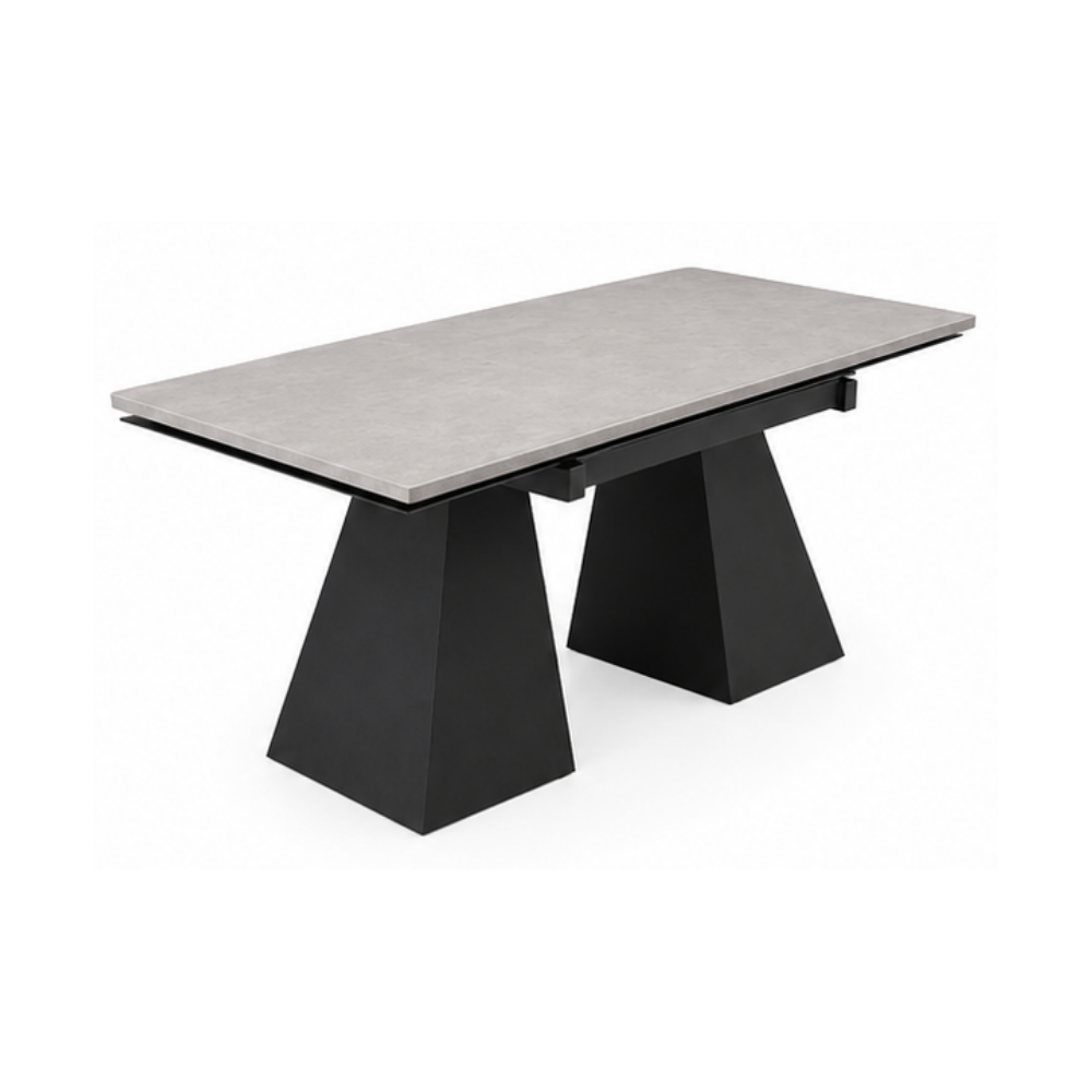 Modern dining table with a gray concrete top and black metal legs on a white background
