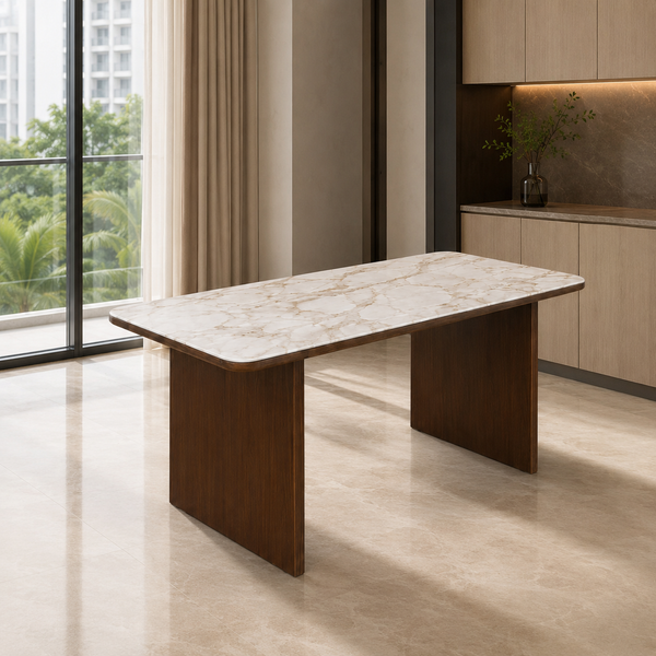 A modern rectangular dining table with a white marble-patterned top and dark brown wooden legs, shown in a contemporary interior room with large windows and beige flooring.