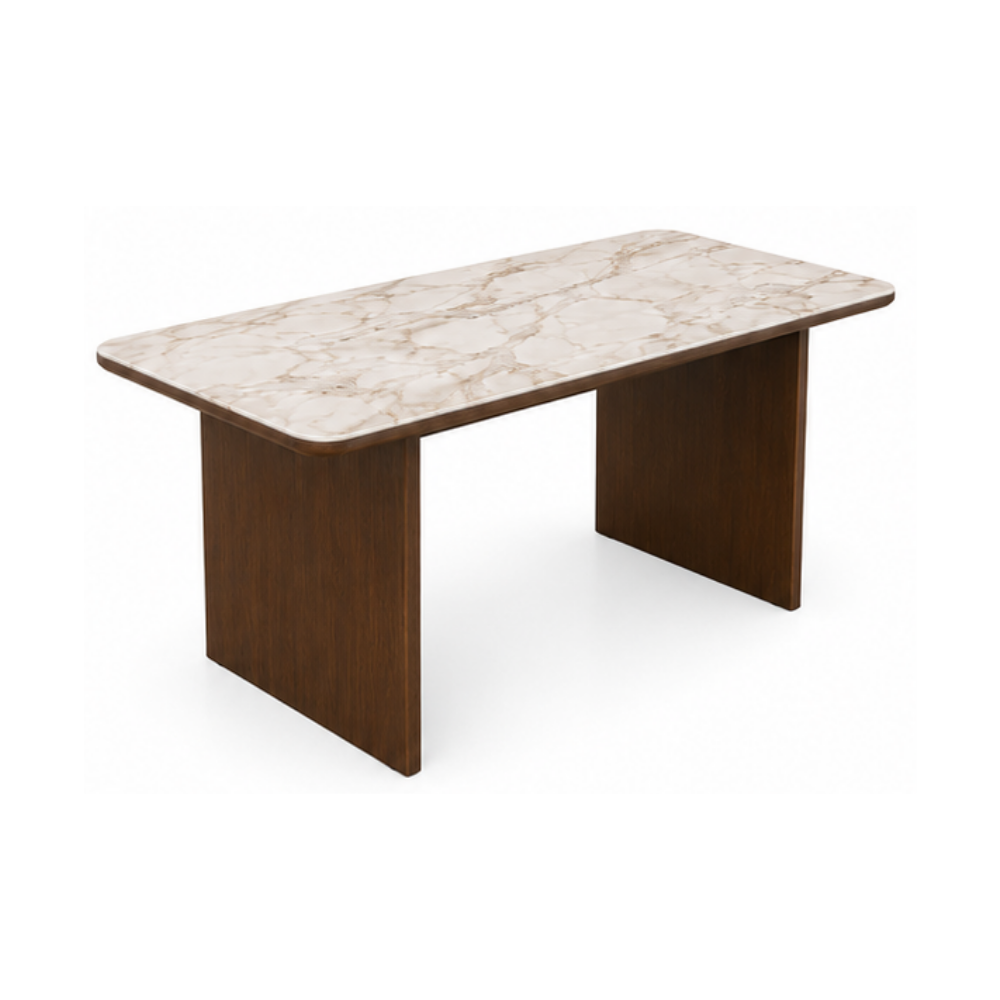 Rectangular table with marble top and wooden legs on a white background