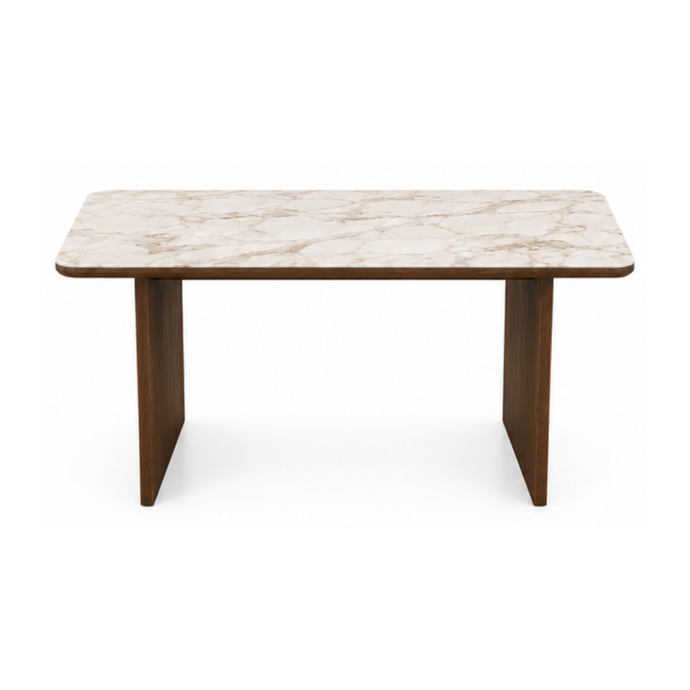 Dining table with marble top and wooden legs on a white background