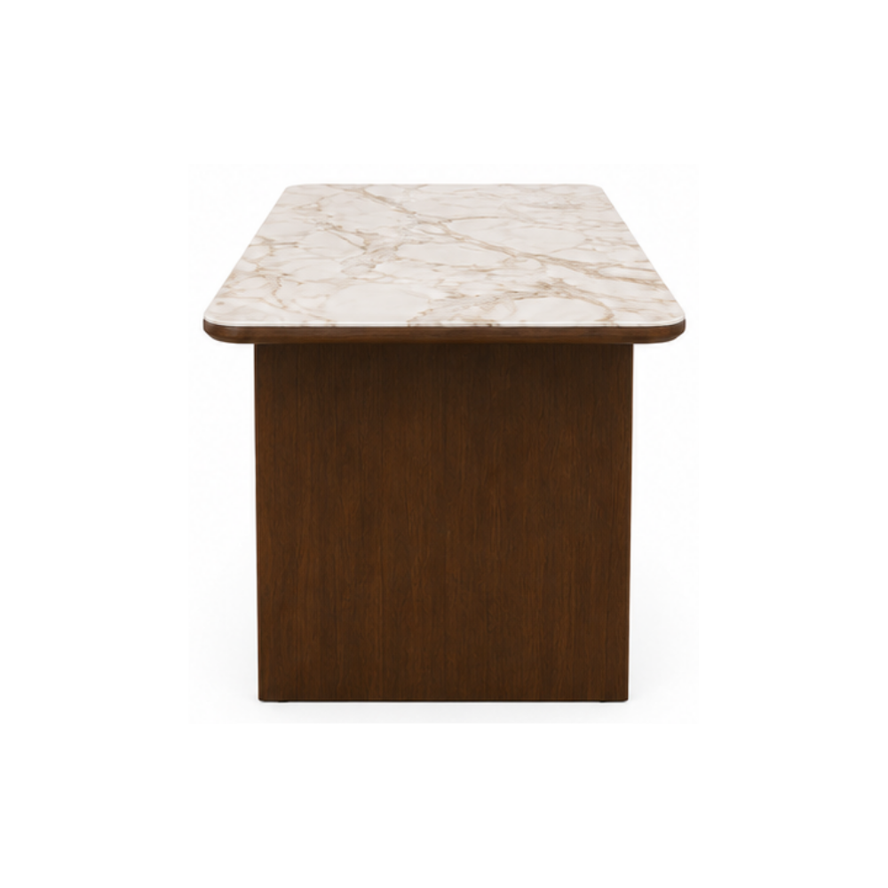 Rectangular table with marble top and wooden base on a white background