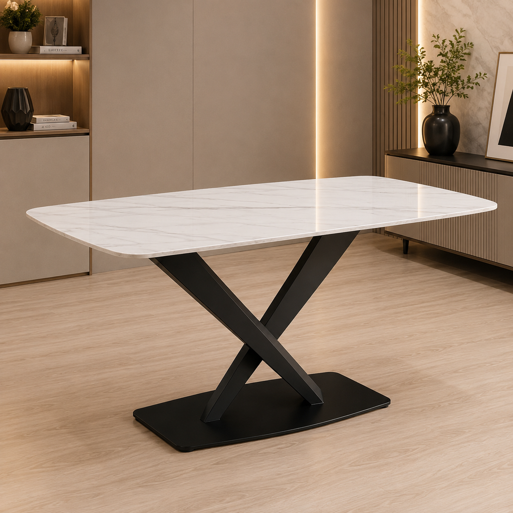 A modern rectangular dining table with a white marble-look top and a black X-shaped metal base, shown in a contemporary interior room with light wood flooring and beige walls.
