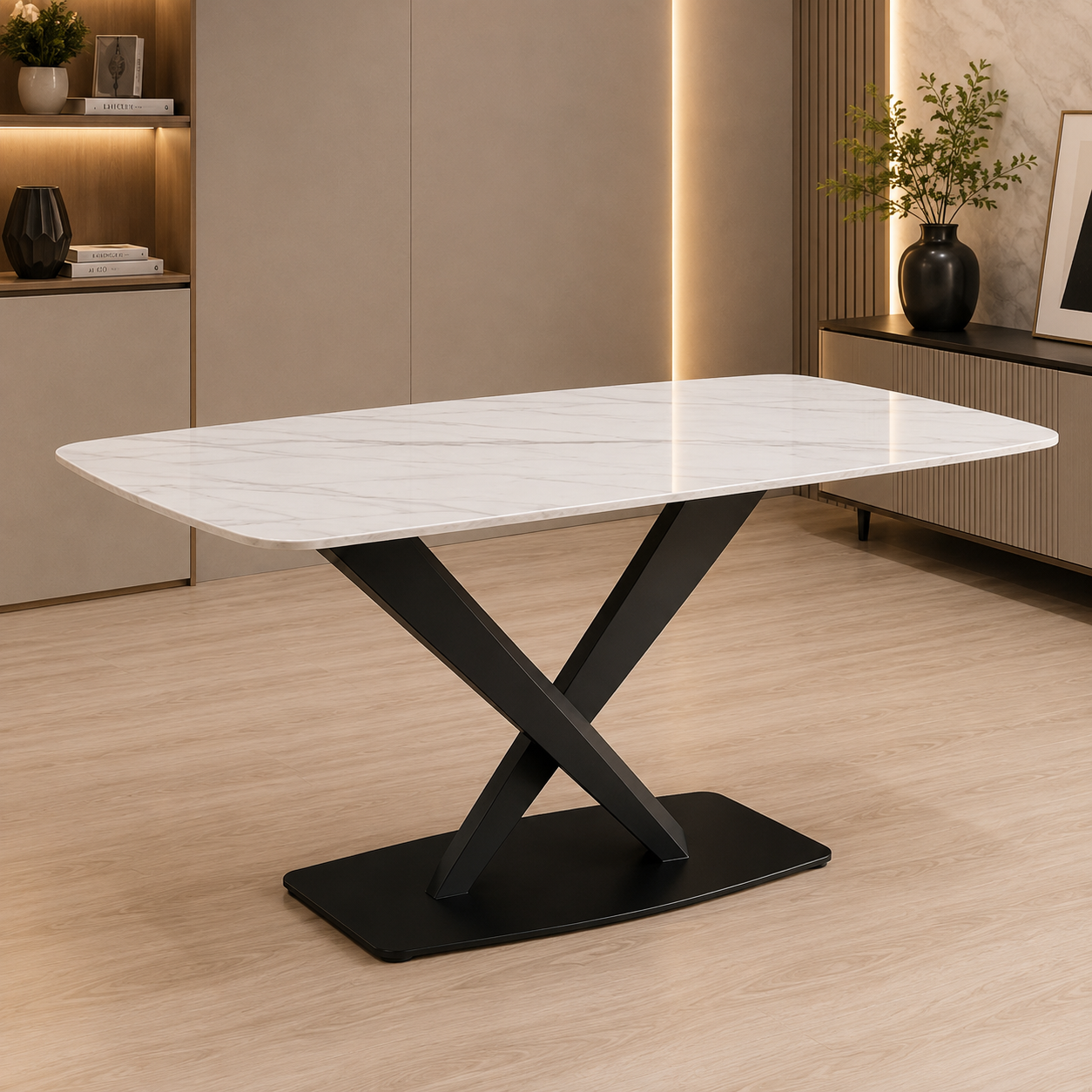 A modern rectangular dining table with a white marble-look top and a black X-shaped metal base, shown in a contemporary interior room with light wood flooring and beige walls.
