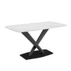 White dining table with black metal legs on a white background