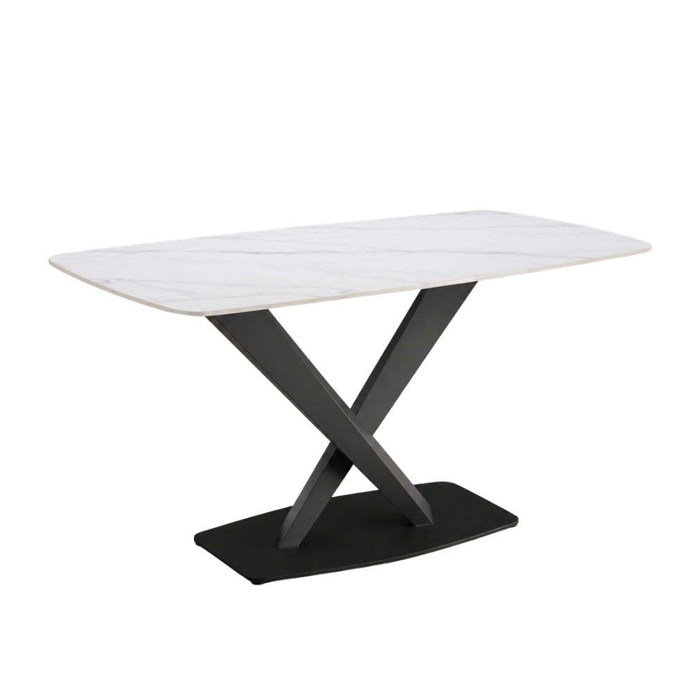 White dining table with black metal legs on a white background