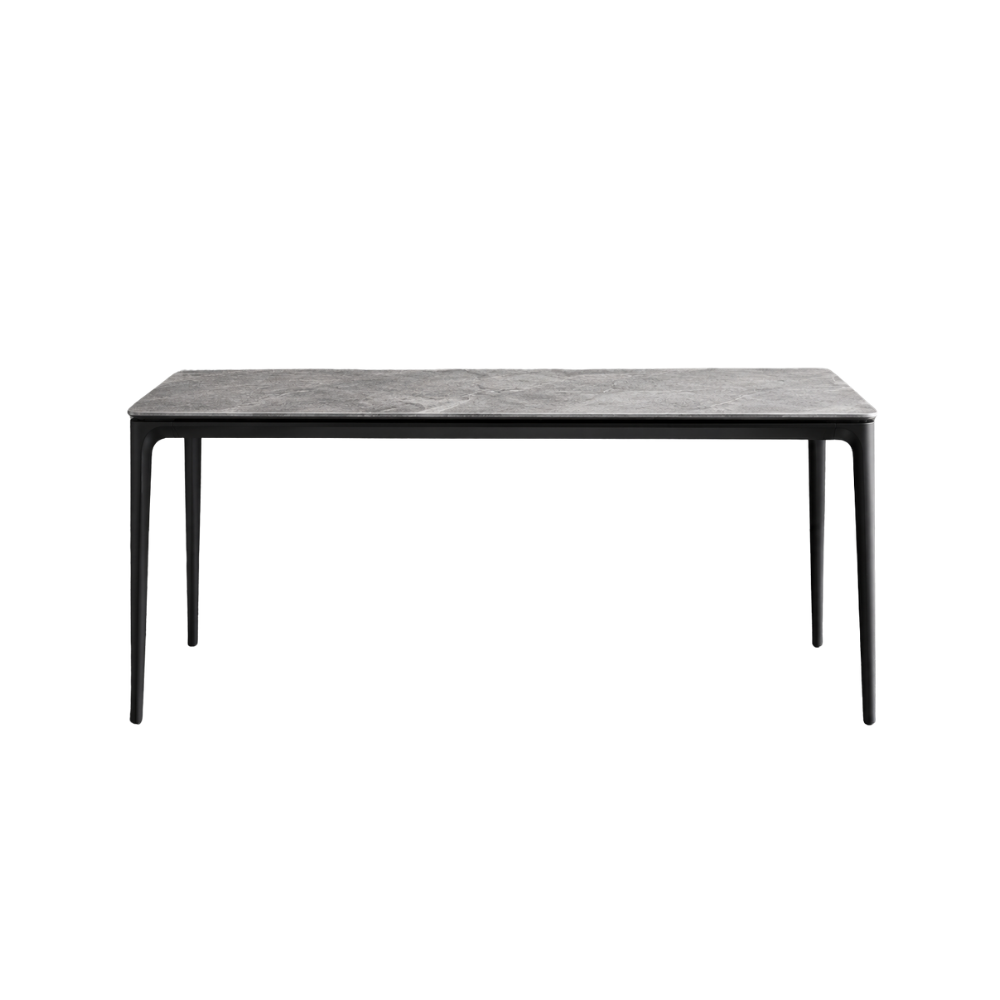 Rectangular table with a gray marble-like top and black legs on a white background