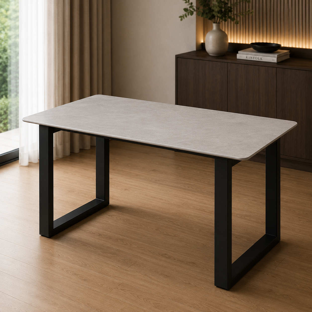 A rectangular dining table with a light gray stone-look top and black metal legs, shown in a modern room setting with wood flooring and a dark wood cabinet in the background.