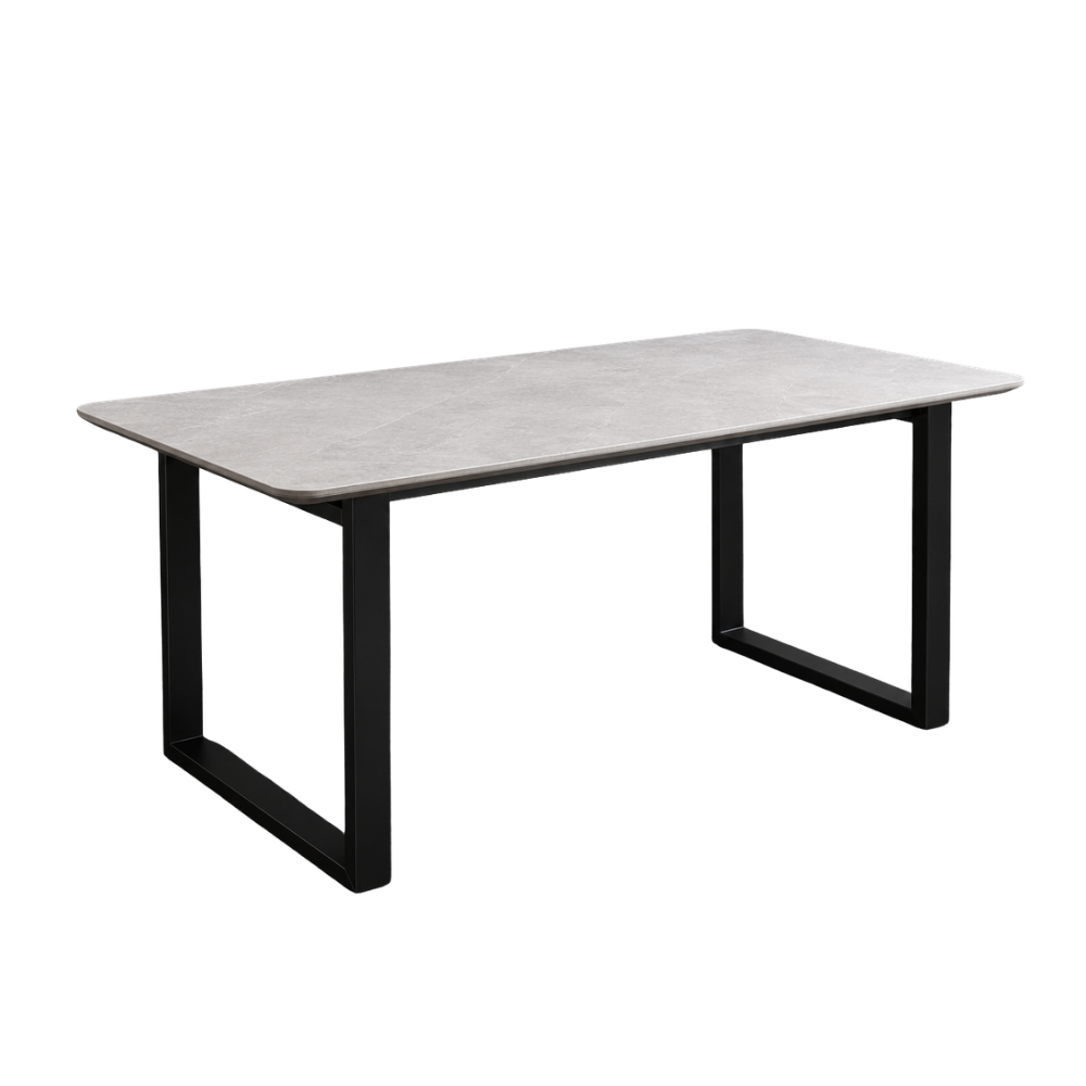 Rectangular table with a gray surface and black legs on a white background