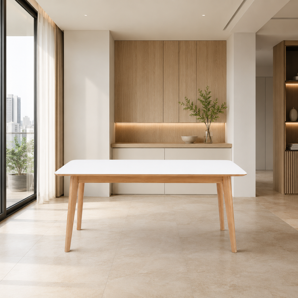 A modern dining table with a white rectangular top and light natural wood legs, positioned in a minimalist, contemporary dining room with beige stone flooring and light wood cabinetry in the background.