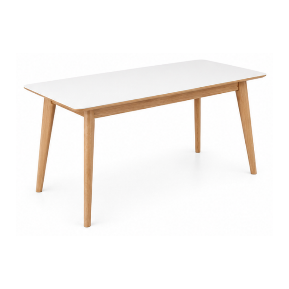 White table with wooden legs on a white background