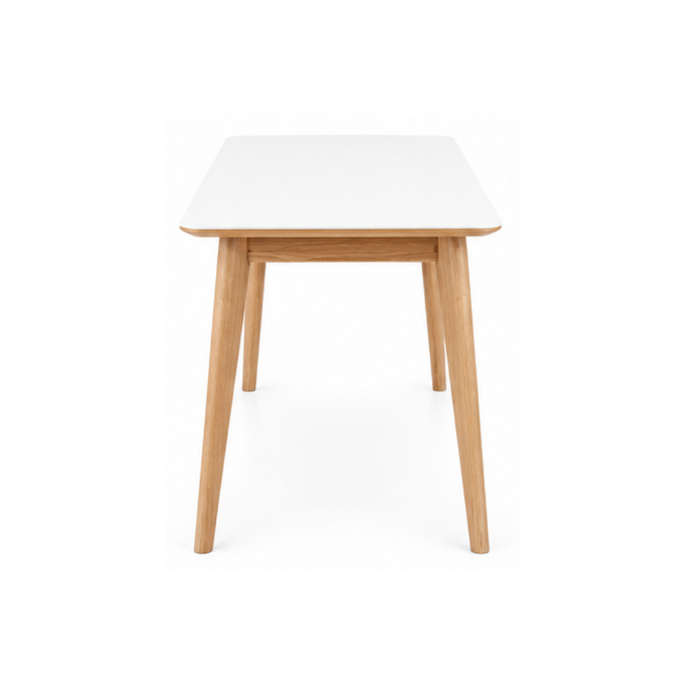 Small table with white top and wooden legs on a white background