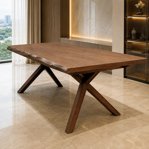 A rectangular live-edge wooden dining table with a dark brown finish and a sculptural X-shaped base, shown in a modern interior setting with beige marble floors and warm ambient lighting.